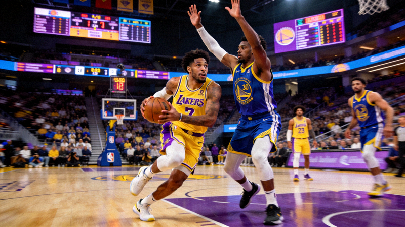 NBA湖人队与勇士队激烈比赛瞬间高清图片